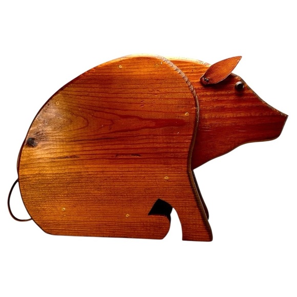 Handmade Other - Vintage PIG PIGGY BANK Wood HandMade Coin Bank Folk Art Leather Ears & Tail